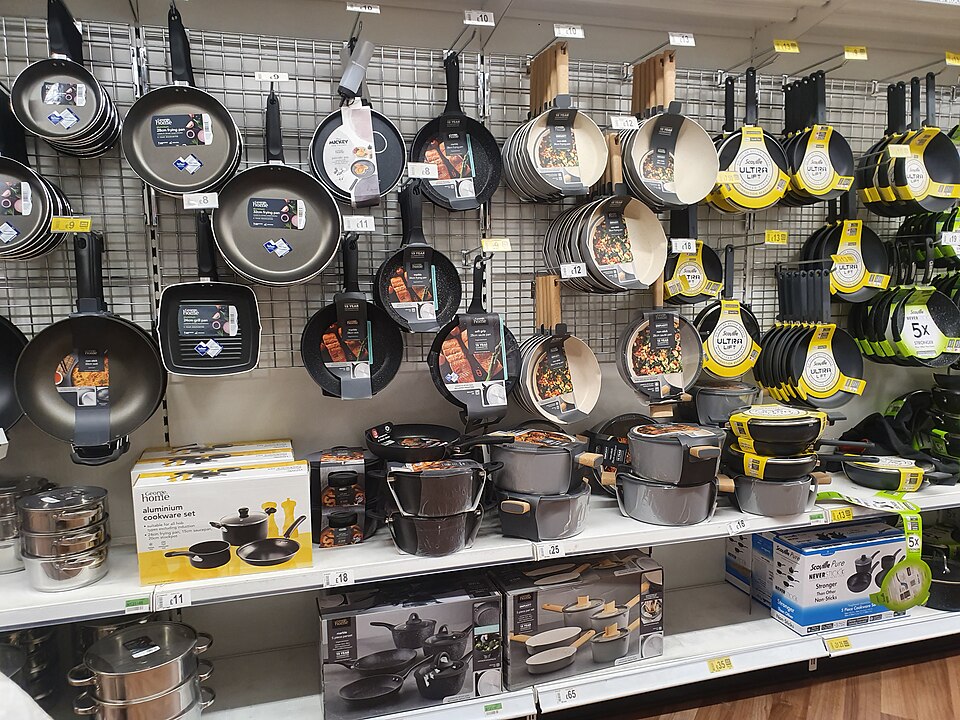 This image is by Mutney and is licensed under the Creative Commons Attribution-Share Alike 4.0 International license. The original file is from: https://commons.wikimedia.org/wiki/File:Frying_pans_and_saucepans_displayed_for_sale,_Asda_Superstore,_Longwood_Drive,_Coryton,_Cardiff_-_July_2022.jpg